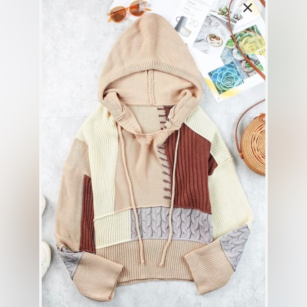 Cable Knit Mixed Pattered V-Neck Hoodie